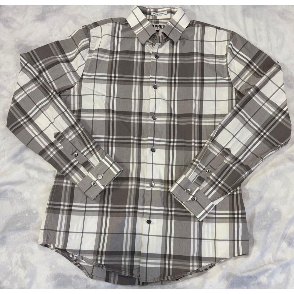 Express Extra Slim Fit Plaid Button Down Shirt Men’s Medium Gray and White.